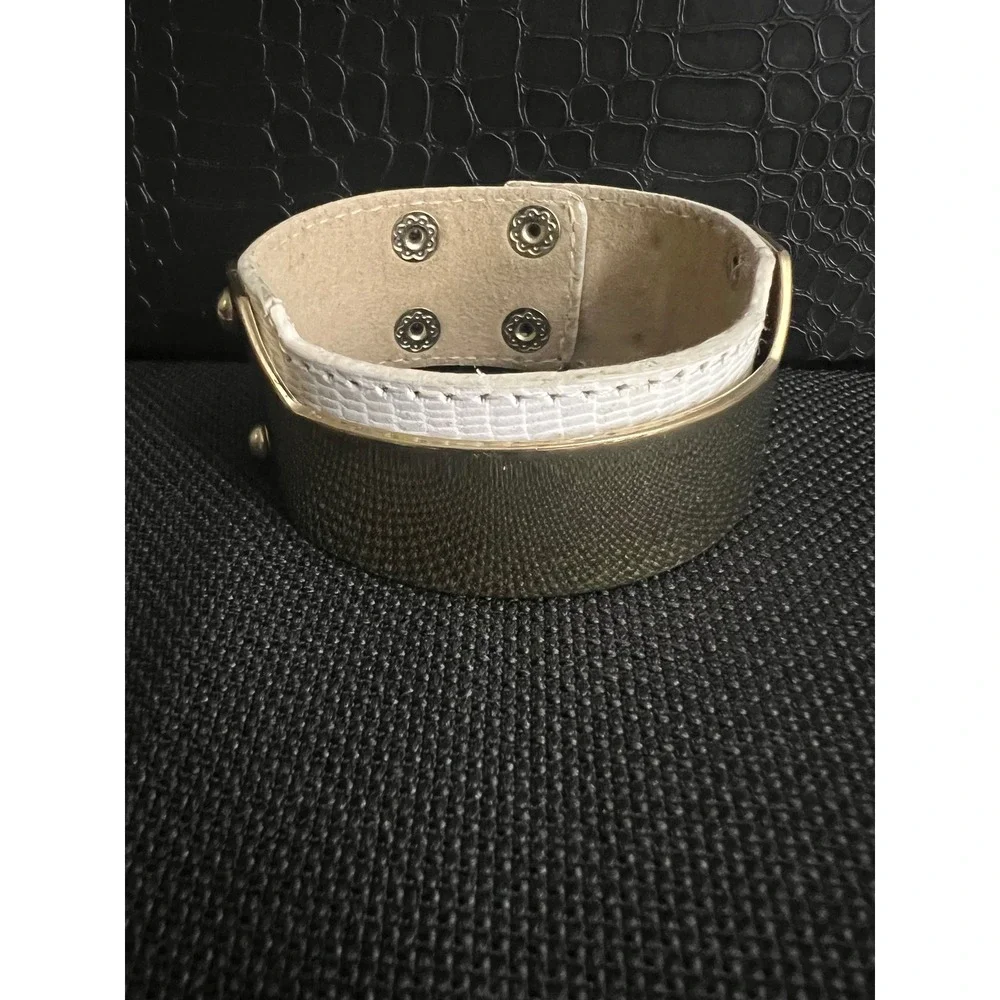 White Faux Leather Gold Tone Metal Plate Cuff Bracelet Adjustable Gorpcore